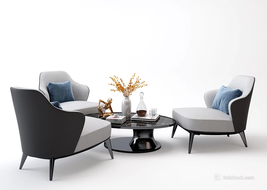 Casual Sofa Set With Gray Black Upholstery Blue Throw Pillows And Round Coffee Table Decorations 3d model 