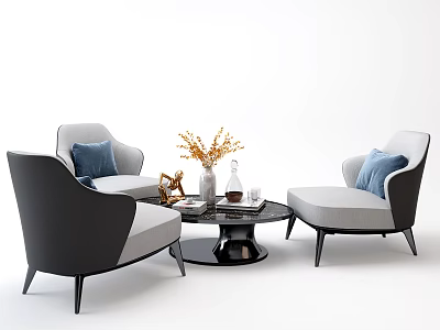 Casual Sofa Set With Gray Black Upholstery Blue Throw Pillows And Round Coffee Table Decorations 3d model