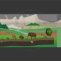 3D Natural Grassland Diorama With Elephants Giraffes Antelopes Trees And Green Grass