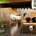 Japanese Restaurant Interior With Cherry Blossom Decor Wooden Lanterns And Open Bar
