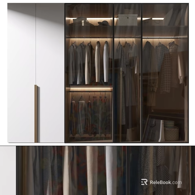 Modern Wardrobe With Glass Doors And Hanging Clothes Storage Compartments 3d model 