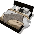 Double Bed With Black Headboard Multiple Pillows Plaid Blanket And Beige Bedspread 3d model