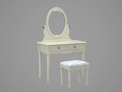 White Vanity Dressing Table With Oval Mirror Decorative Frame And Patterned Stool 3d model
