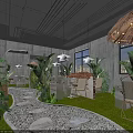 Eco Friendly Restaurant Interior With Lush Plants Grass Flooring And Stone Path