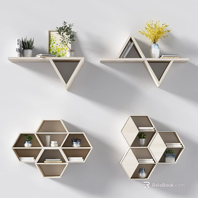 Modern Geometric Wooden Wall Cabinets With Decorative Plants And Books 3d model 