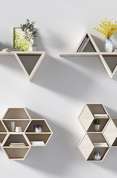 Modern Geometric Wooden Wall Cabinets With Decorative Plants And Books 3d model