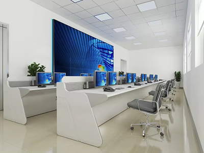 Modern Monitoring Room With Large Screen Multiple Monitors Console Desk And Office Chairs 3d model
