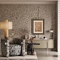 Zebra Striped Accent Chair With Patterned Wallpaper Floor Lamp Console Table And Framed Painting