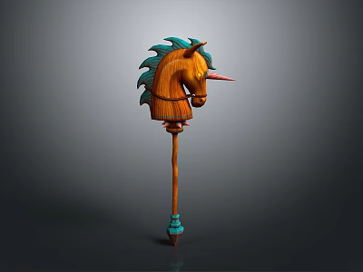 Wooden Staff Style Weapon With Unicorn Head And Blue Decorative Accents 3d model