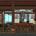 Traditional Chinese Restaurant Interior With Wooden Structure Hanging Lamps And Dining Tables