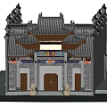 Ancient Chinese Architecture Featuring Traditional Roof Stone Brick Walls Wooden Doors and Stone Lions