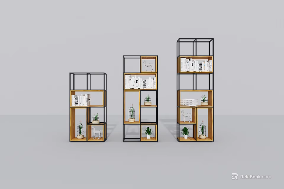 Modern Storage Shelving Units with Black Frames Wooden Panels Holding Books and Potted Plants 3d model 