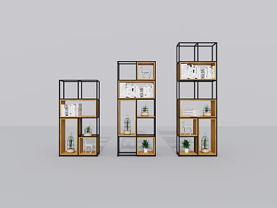 Modern Storage Shelving Units with Black Frames Wooden Panels Holding Books and Potted Plants 3d model