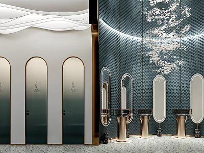 Hotel Bathroom Interior With Arched Compartment Doors Blue Tiled Walls Oval Mirrors And Metal Sink Bases 3d model