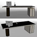 Modern Minimalist Desk With Black Tabletop Apple Monitor Pen Holder And Beige Cabinets