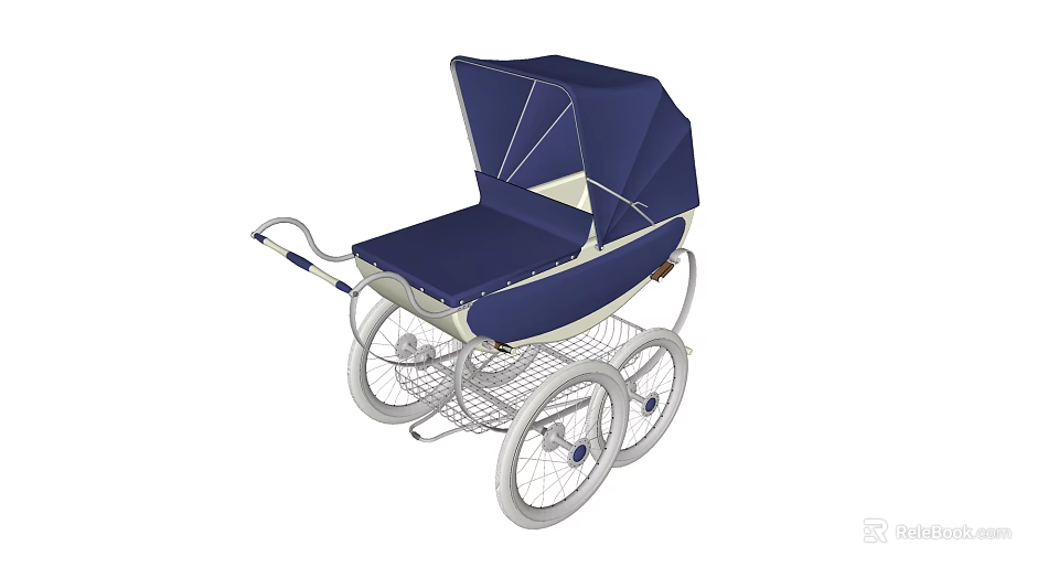 Classic Navy Blue Baby Stroller With White Frame Canopy And Wheels 3d model 