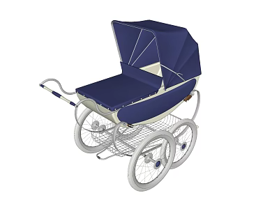 Classic Navy Blue Baby Stroller With White Frame Canopy And Wheels 3d model