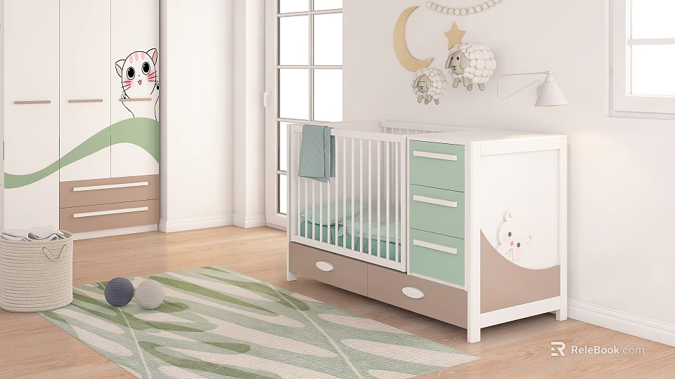 Baby Crib With White Green Drawers Moon Star Wall Decor Cat Pattern Green Beige Rug 3d model 