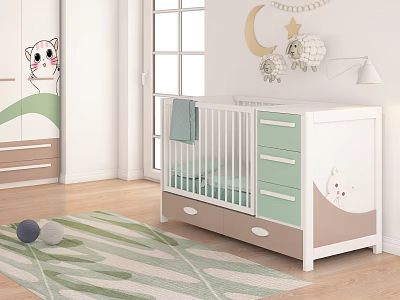 Baby Crib With White Green Drawers Moon Star Wall Decor Cat Pattern Green Beige Rug 3d model