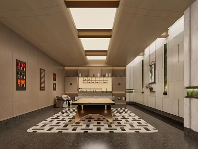 Modern Ping Pong Room Interior Design With Table And Ceiling Lighting 3d model