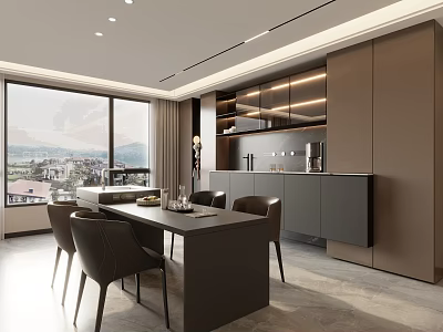 Modern Restaurant Open Kitchen Interior With Large Windows Dining Table And Cabinets 3d model
