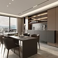 Modern Restaurant Open Kitchen Interior With Large Windows Dining Table And Cabinets