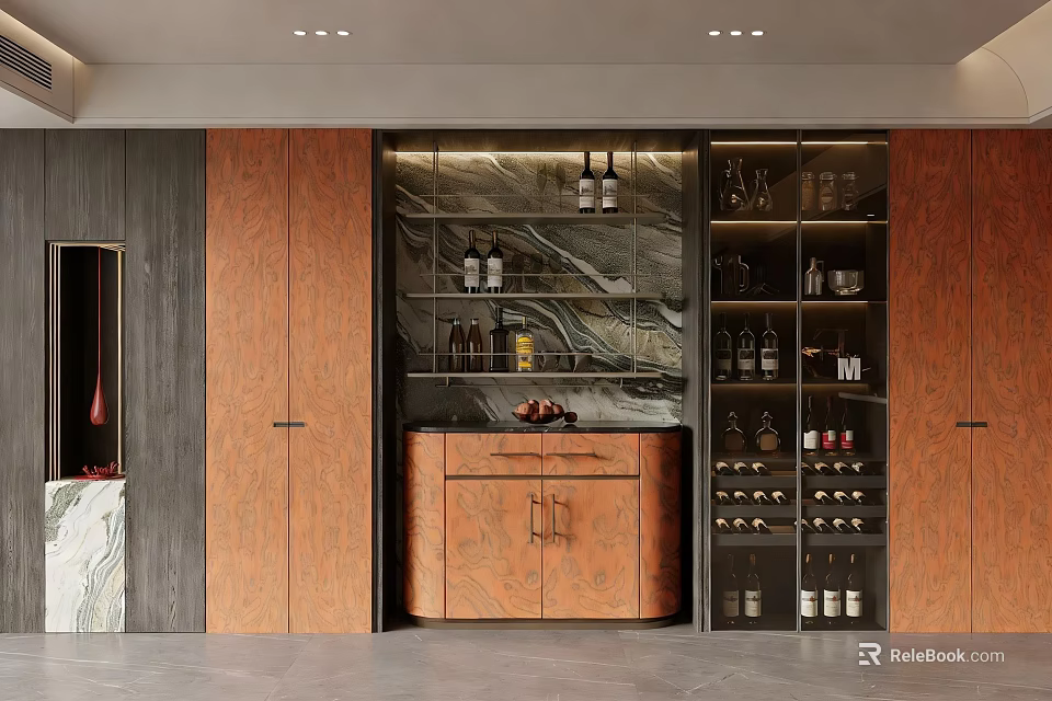 Modern Wine Cabinet With Wooden Doors Marble Backdrop And Wine Storage Racks 3d model 