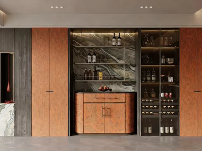 Modern Wine Cabinet With Wooden Doors Marble Backdrop And Wine Storage Racks 3d model