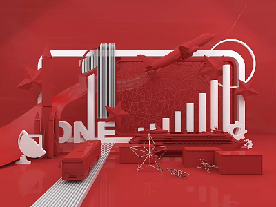 Red Scene With Number One Airplane Stars Bar Chart Truck Network And Circular Ring 3d model