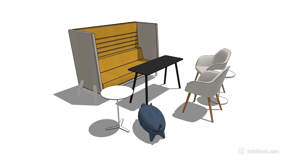 Modern Casual Sofa Set With Yellow Cushion Black Table And White Chairs 3d model 