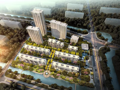 Aerial View Planning of Urban Residential Area With High Rise Low Rise Buildings River Roads And Greenery 3d model