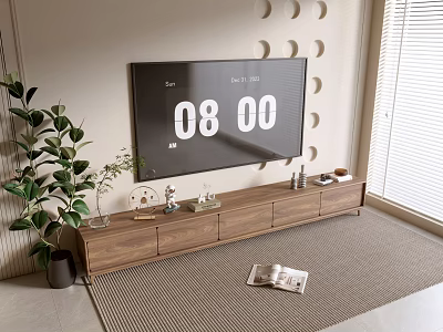 Modern Wooden TV Stand With TV Decorative Items And Green Plant In Bright Room 3d model