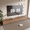 Modern Wooden TV Stand With TV Decorative Items And Green Plant In Bright Room