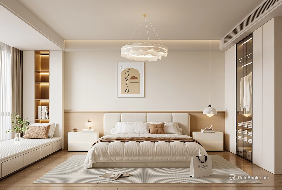 Modern Bedroom Interior With Comfortable Bed Chandelier Nightstands And Artwork 3d model 