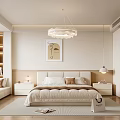 Modern Bedroom Interior With Comfortable Bed Chandelier Nightstands And Artwork