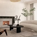 Elegant Modern Living Room Interior With Fireplace Chandelier Curved Sofas And Green Plant