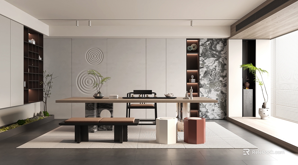 Modern Tea Room Interior Design With Long Table Chairs And Marble Wall Decorations 3d model 