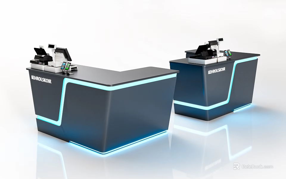 Modern SERVICECOIN Cashier Desks with LED Light Strips and Cashier Equipment 3d model 