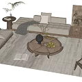 Modern Beige Sofa and Round Wooden Coffee Table Set with Decorative Vase Fruits and Plant