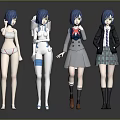 Four Blue Haired Female Characters Displaying Different Outfits and Styles 3d model