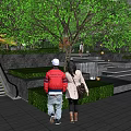 Urban Landscape Garden With Green Trees People Walking Stone Steps And Escalator