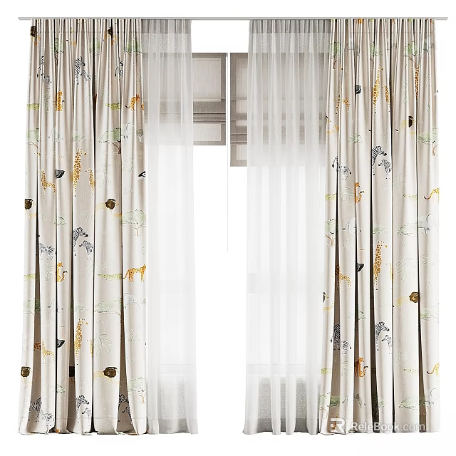 Beige Curtains With Animal Patterns Giraffe Leaves And White Sheer Layers For Kids Room 3d model 