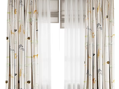 Beige Curtains With Animal Patterns Giraffe Leaves And White Sheer Layers For Kids Room 3d model