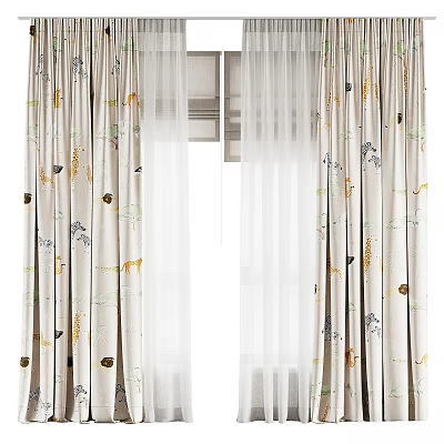 Beige Curtains With Animal Patterns Giraffe Leaves And White Sheer Layers For Kids Room 3d model