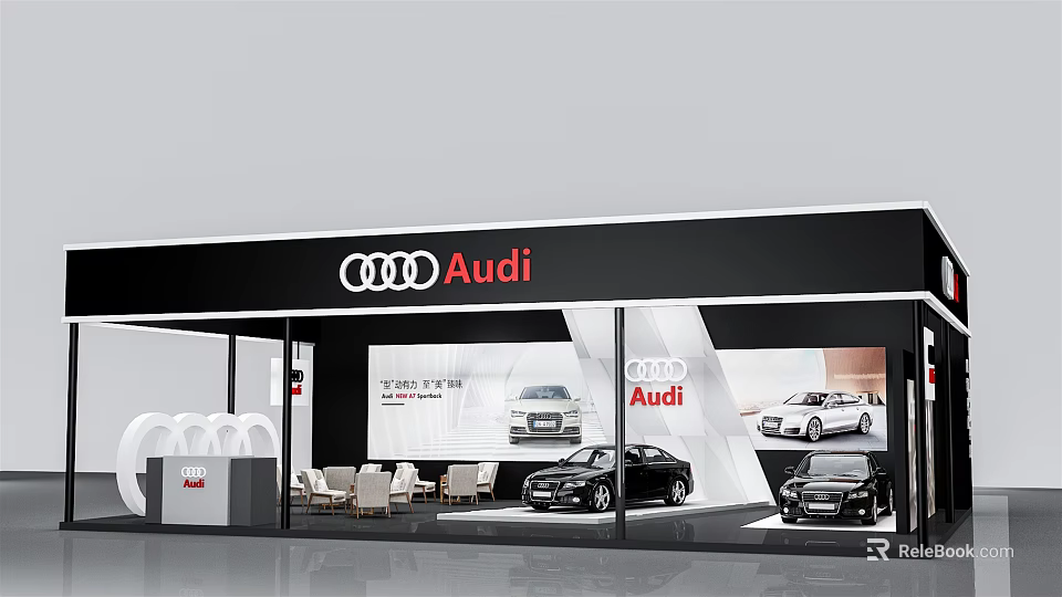 Audi Exhibition Booth With Modern Design Cars On Display Glass Walls And Large Screens 3d model 