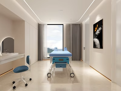 Modern Hospital Outpatient Clinic Interior With Medical Bed And Natural Light 3d model