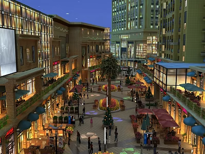 Vibrant Night Commercial Street With Pedestrians Shops Multi story Buildings And Bright Lights 3d model