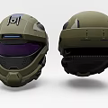 Futuristic Green Tactical Helmet with Purple Visor and Military Design Details