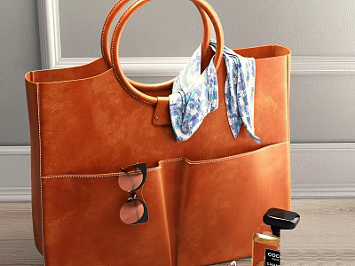 Brown Leather Tote Bag with Round Handles Scarf Sunglasses in Pockets and Perfume Bottle 3d model