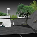 Modern Sales Office Building With Green Lawn Water Features Trees And Parking Area